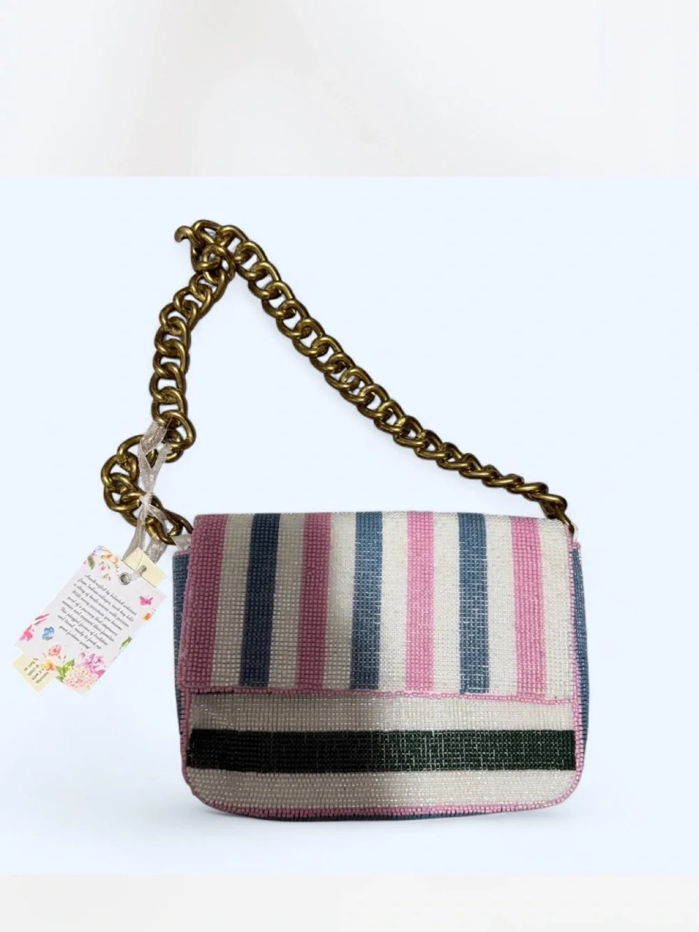 Pink, white, blue, and green stripe beaded bag with gold chain • NWT